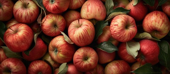 A collection of vibrant red apples with crisp leaves on top of them, creating a rustic and natural display. The apples are fresh and ripe, showcasing their rich color and healthy appearance.