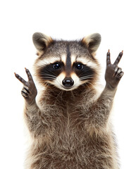 Funny raccoon showing sign peace isolated on white background. Front view animal