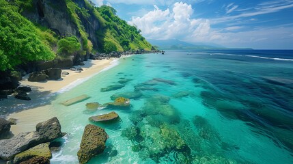 Fototapeta premium Sea view with sandy beach among rocks and cliffs,