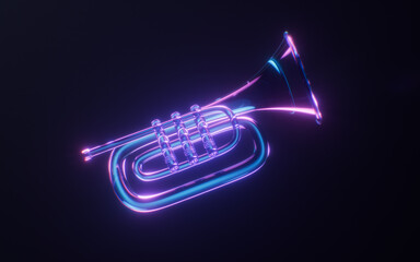 Trumpet with dark neon light effect, 3d rendering.