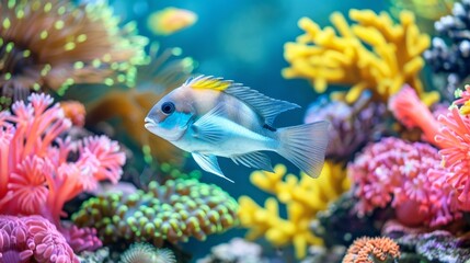 Colorful jawfish swimming in vibrant saltwater aquarium surrounded by lush coral reefs.