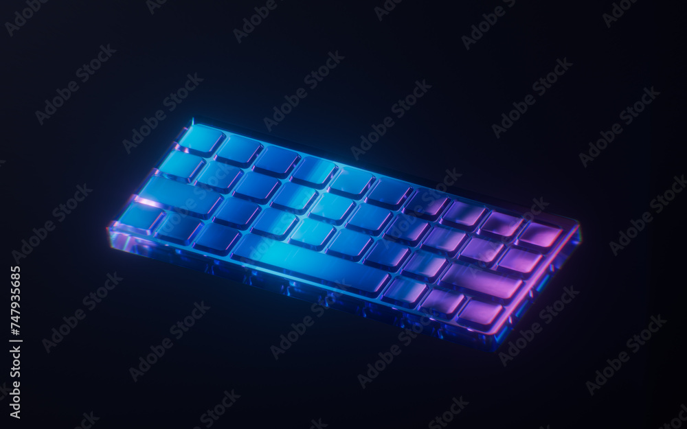 Poster keyboard with dark neon light effect, 3d rendering.