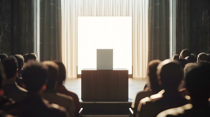 book launch event with a mockup displayed on a stylish podium