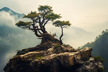 Papier Peint photo Monts Huang a tree on a rocky hill