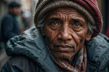 Close-up portrait of a homeless man on the street