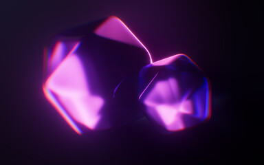 Dark gem glass with neon light effects, 3d rendering.