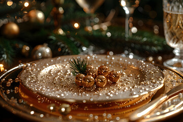 Christmas table setting with golden baubles and fir branches - obrazy, fototapety, plakaty