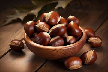 realistic photo of Chestnuts, rustic bacground, top view, copy space сreated with Generative Ai