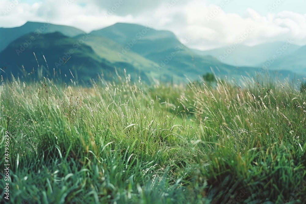 Aufkleber scenic view of a grassy field with mountains in the background. suitable for nature and landscape co