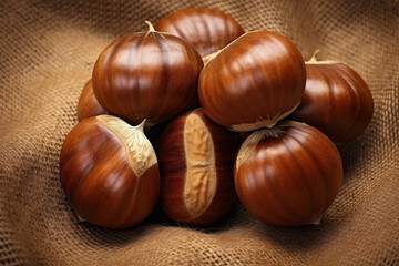 realistic photo of Chestnuts, rustic bacground, top view, copy space сreated with Generative Ai