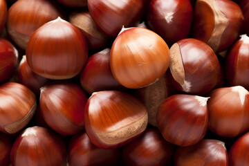 Fototapeta premium realistic photo of Chestnuts, rustic bacground, top view, copy space сreated with Generative Ai