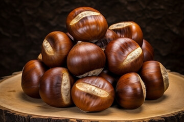 realistic photo of Chestnuts, rustic bacground, top view, copy space сreated with Generative Ai