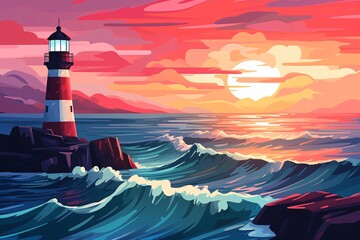 a lighthouse on a rocky shore with waves crashing on it - obrazy, fototapety, plakaty