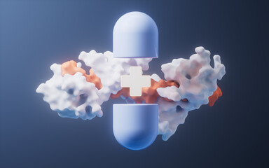 Medical capsule and protein, 3d rendering.