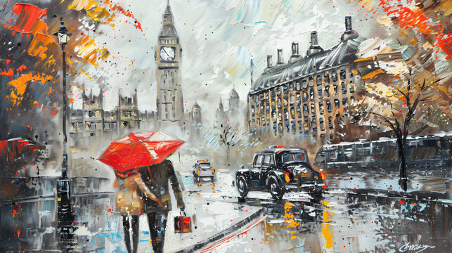 Oil painting on canvas street view of london. Ar