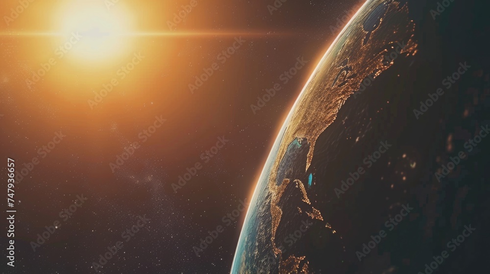 Poster A stunning view of the Earth from space with the sun in the background. Perfect for science and astronomy concepts