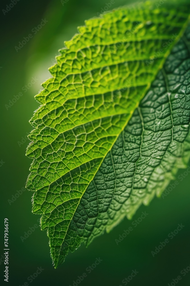 Poster close up of a leaf with water droplets. suitable for nature and environmental concepts