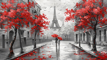 Oil painting on canvas street view of Paris. Art