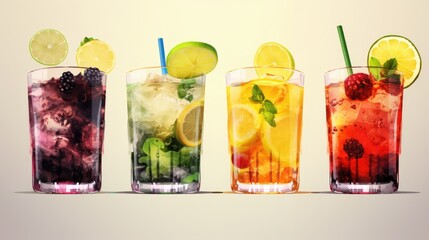 Row of glasses filled with different types of drinks, suitable for beverage concept