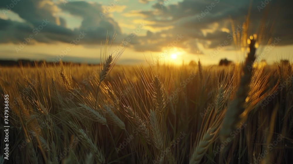 Poster A beautiful wheat field with the sun setting in the background. Perfect for agricultural and nature concepts