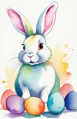 Easter bunny with colored eggs on white background. Watercolor painting