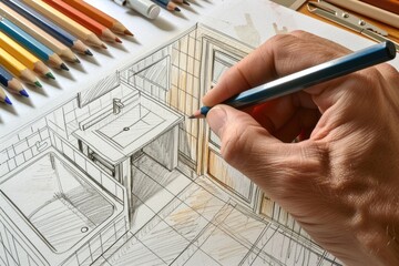 A person drawing a bathroom with colored pencils. Suitable for interior design concepts