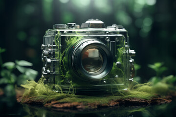 a camera with moss on it
