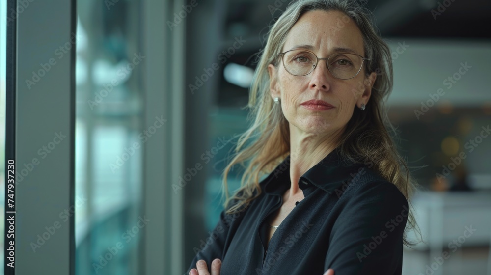 Poster a woman with glasses standing in front of a window. suitable for various concepts and designs