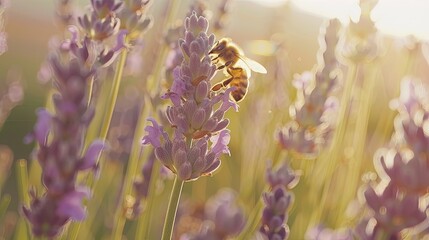  Honey bee pollinates lavender flowers. Soft focus. Close-up macro image with blurred background. Delicate honey bee on lavender petals. Nature's tiny pollinator. - obrazy, fototapety, plakaty