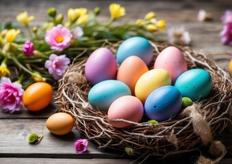 Fototapeta na wymiar the decoration Happy Easter concept, colorful decoration eggs on the nest, the spring flowers around the nest. all of them on the wood background