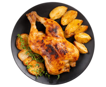 Grilled chicken with fried patato in black plate. Top view. Isolated on transparent PNG background.