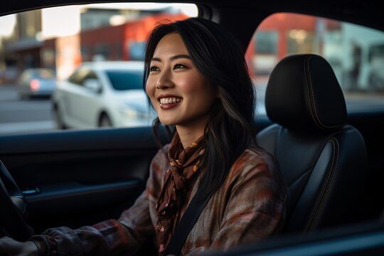 a woman smiling in a car