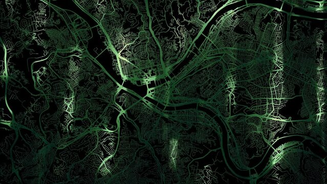 Zoom in road map of Pittsburgh Pennsylvania with green glowing roads on a black background.