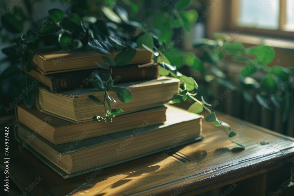Poster a stack of books on a wooden table, suitable for educational and reading-related projects