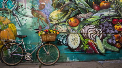 Urban Lifestyle Scene, Bicycle Against Colorful Street Art Wall with Fresh vegetables and fruits