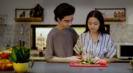 happy Asian Indian Hindu lovely teen girl chef lady boy man male standing modern kitchen cut salad...