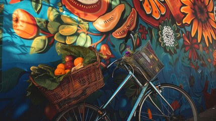 Urban Lifestyle Scene, Bicycle Against Colorful Street Art Wall with Fresh vegetables and fruits