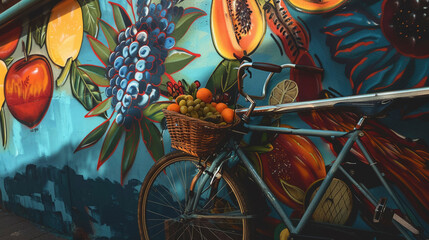 Urban Lifestyle Scene, Bicycle Against Colorful Street Art Wall with Fresh vegetables and fruits - Powered by Adobe