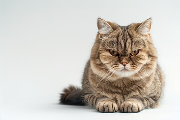 Cat with a dissatisfied face looking at camera, Chubby tabby Cat Sitting, on white background