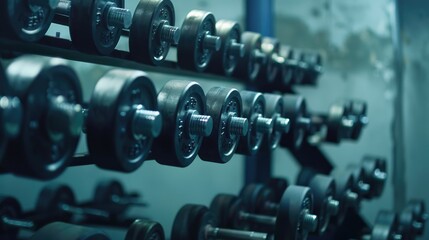 A row of dumbbells in a gym, suitable for fitness and workout concepts