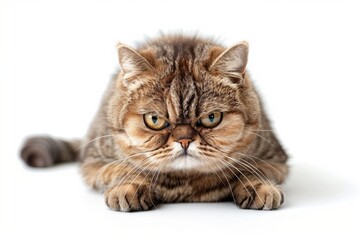 Cat with a dissatisfied face looking at camera, Chubby tabby Cat Sitting, on white background