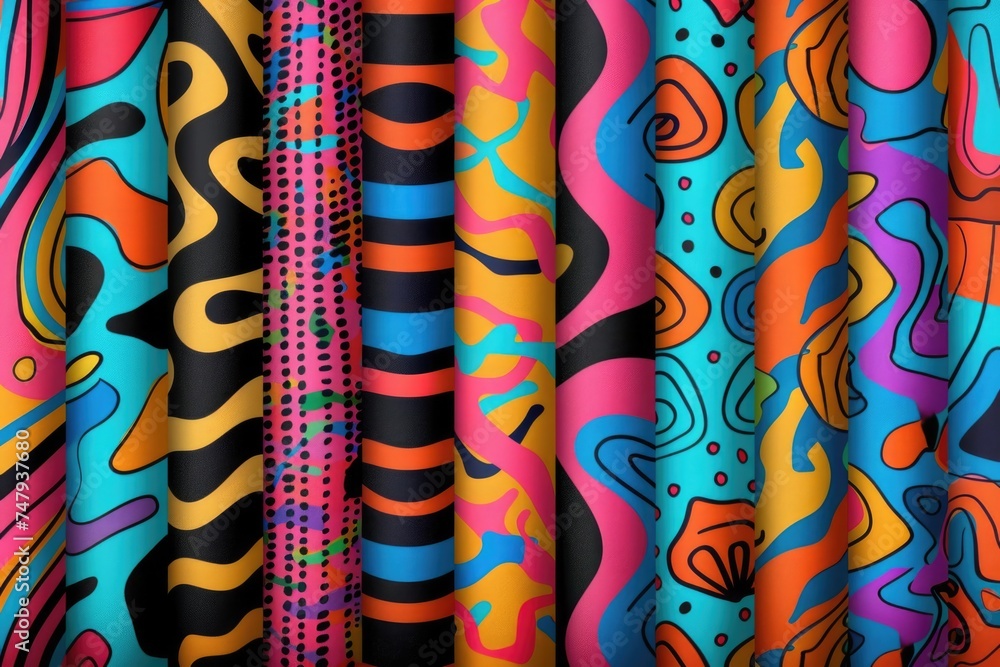 Poster various colored fabrics neatly arranged on a table. ideal for textile industry presentations