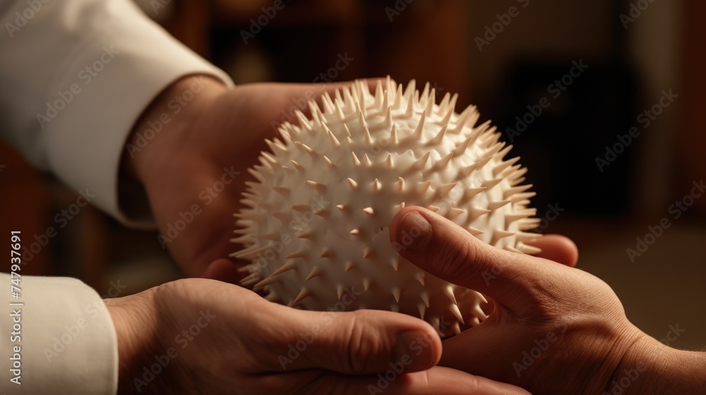 Poster a person holding a spiky object, suitable for various concepts