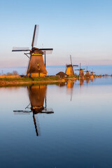 sunset view of the mills of Kinderdijk, Netherlands