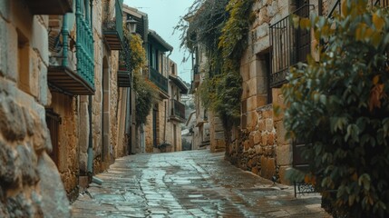 Historic street with old stone buildings, ideal for travel websites