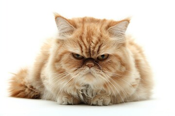Cat with a dissatisfied face looking at camera, Chubby tabby Cat Sitting, on white background