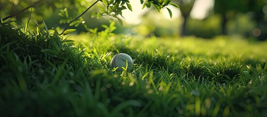 A golf ball is seen resting in the lush green grass near a tree in a tranquil outdoor setting. - obrazy, fototapety, plakaty