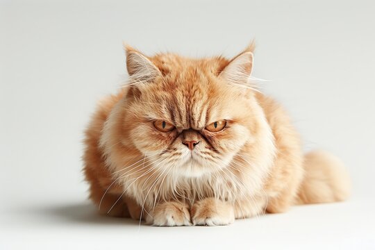Cat with a dissatisfied face looking at camera, Chubby tabby Cat Sitting, on white background