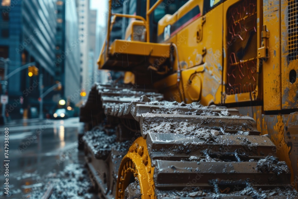 Poster close up view of a bulldozer on a busy city street. suitable for construction and urban development 