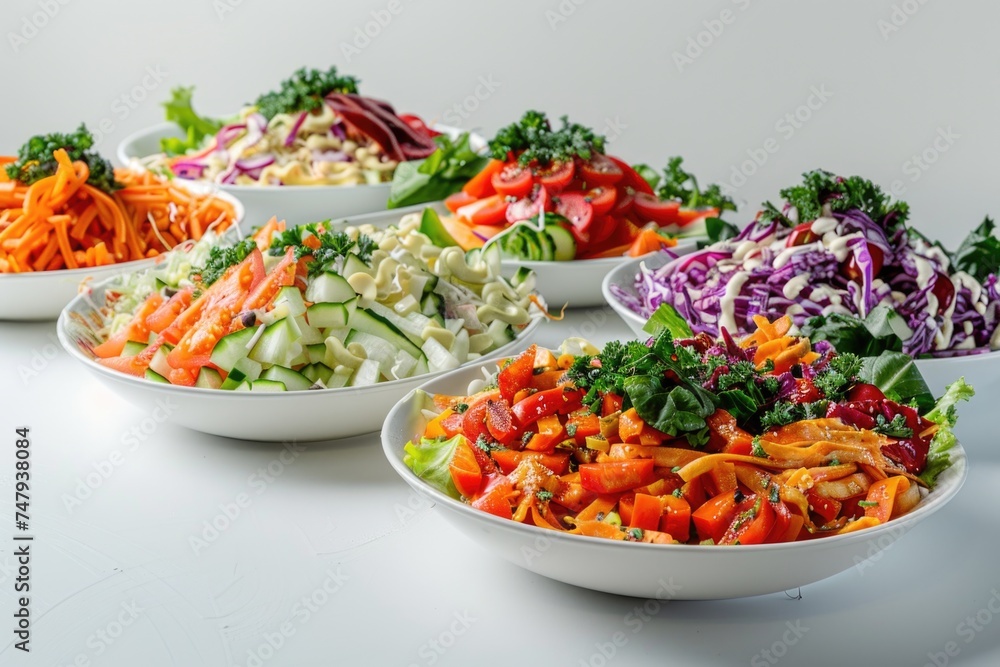 Poster Various types of food displayed on a table. Suitable for food blogs or restaurant menus